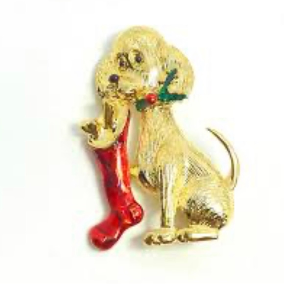 Vintage Jewelry - Vintage Gold Tone Dog Stocking Brooch